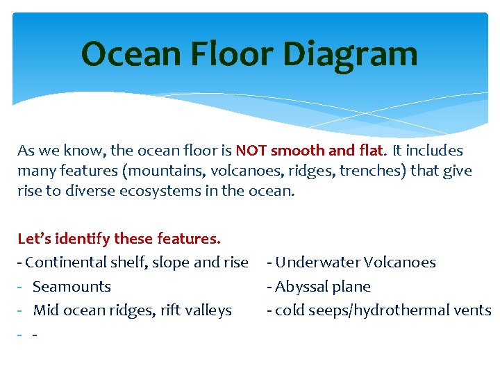 Ocean Floor Diagram As we know, the ocean floor is NOT smooth and flat.