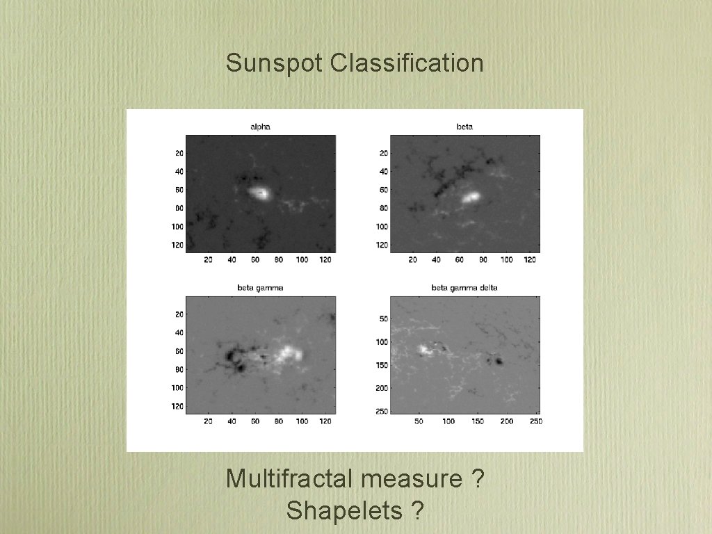 Sunspot Classification Multifractal measure ? Shapelets ? Sunspot Classification Multifractal measure ? Shapelets ?