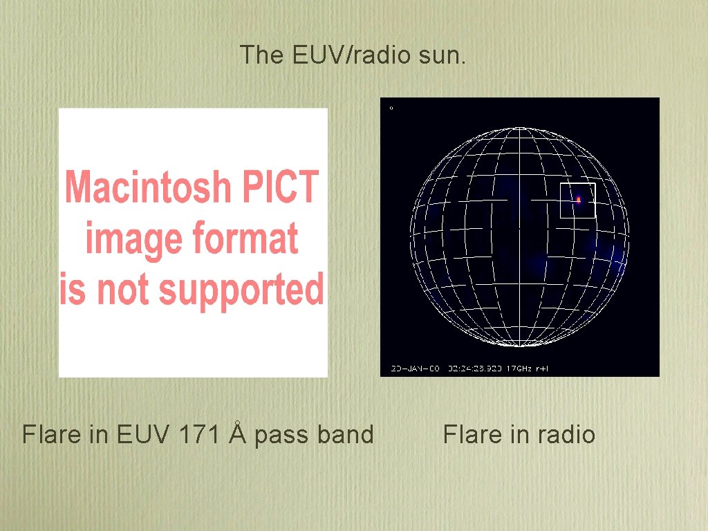 The EUV/radio sun. Flare in EUV 171 Å pass band Flare in radio The EUV/radio sun. Flare in EUV 171 Å pass band Flare in radio