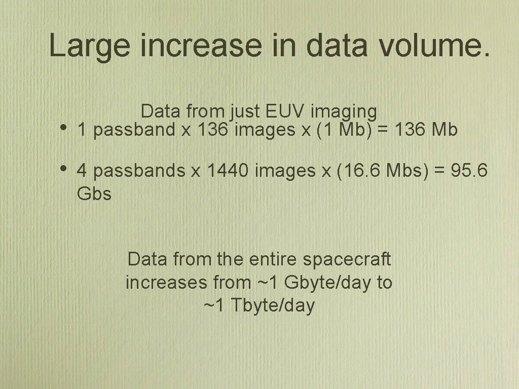 Large increase in data volume. • • Data from just EUV imaging 1 passband Large increase in data volume. • • Data from just EUV imaging 1 passband