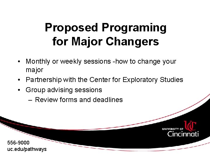 Proposed Programing for Major Changers • Monthly or weekly sessions -how to change your