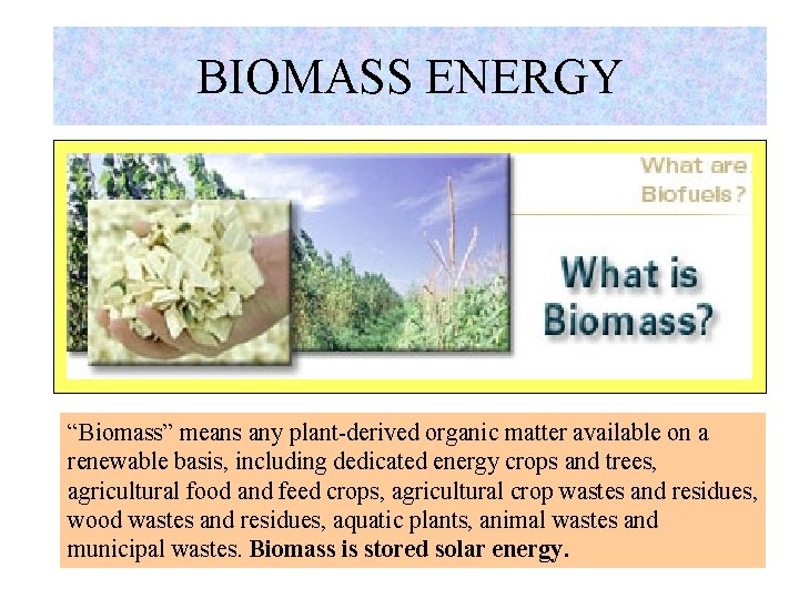 BIOMASS ENERGY “Biomass” means any plant-derived organic matter available on a renewable basis, including