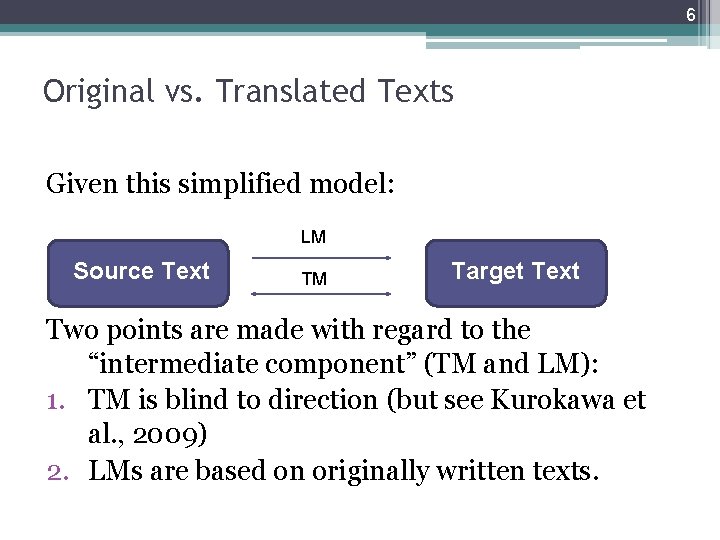 6 Original vs. Translated Texts Given this simplified model: LM Source Text TM Target