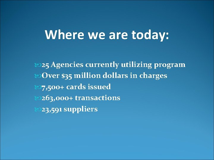 Where we are today: 25 Agencies currently utilizing program Over $35 million dollars in