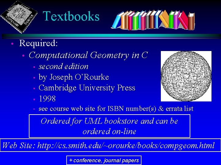 Textbooks • Required: • Computational Geometry in C • second edition by Joseph O’Rourke