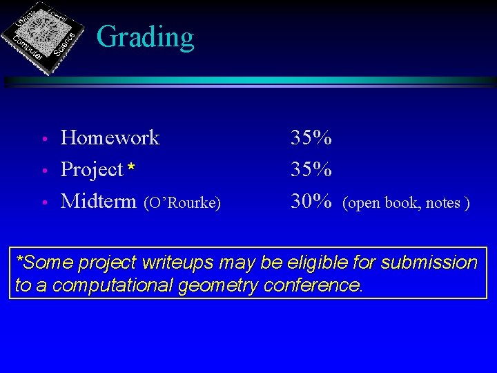 Grading • • • Homework Project * Midterm (O’Rourke) 35% 30% (open book, notes