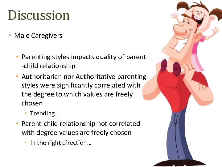 Discussion • Male Caregivers • Parenting styles impacts quality of parent -child relationship •