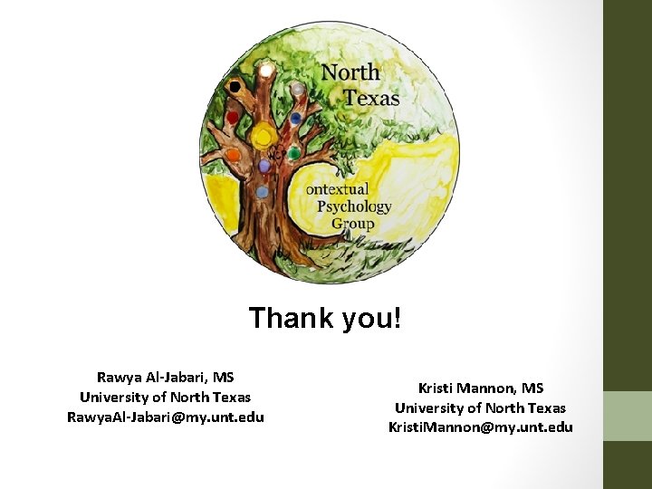 Thank you! Rawya Al-Jabari, MS University of North Texas Rawya. Al-Jabari@my. unt. edu Kristi