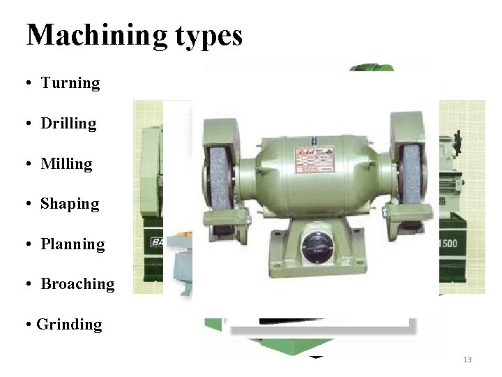 Machining types • Turning • Drilling • Milling • Shaping • Planning • Broaching