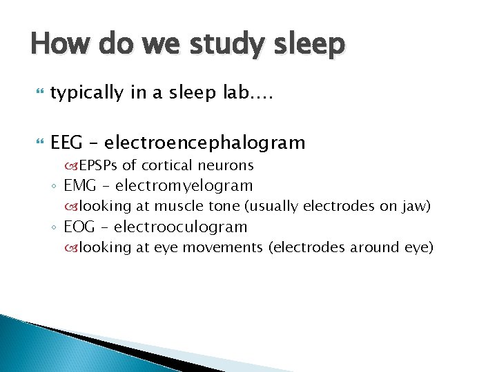 How do we study sleep typically in a sleep lab…. EEG – electroencephalogram EPSPs