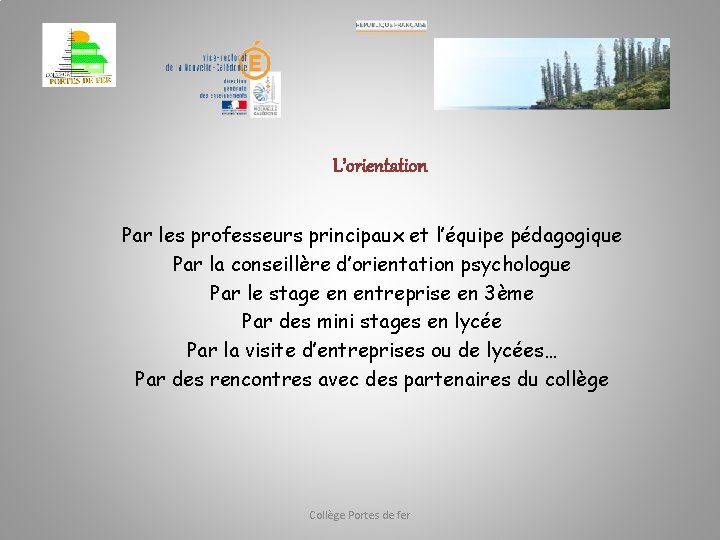 L’orientation Par les professeurs principaux et l’équipe pédagogique Par la conseillère d’orientation psychologue Par