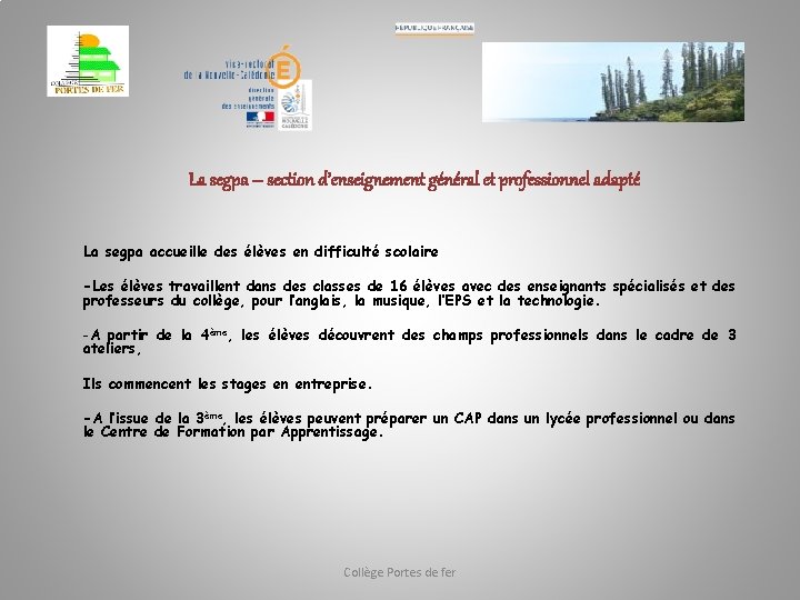 La segpa – section d’enseignement général et professionnel adapté La segpa accueille des élèves