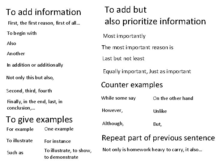 To add information First, the first reason, first of all… To begin with To