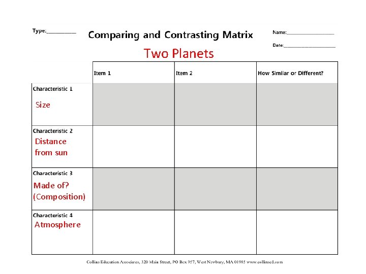 Two Planets Size Distance from sun Made of? (Composition) Atmosphere 