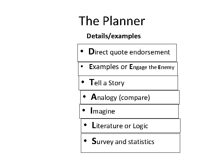 The Planner Details/examples • Direct quote endorsement • Examples or Engage the Enemy •