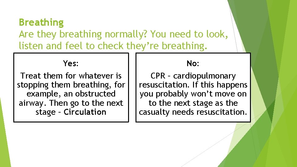 Breathing Are they breathing normally? You need to look, listen and feel to check