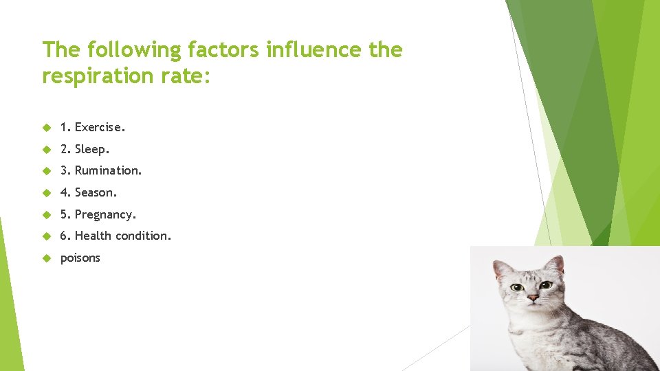 The following factors influence the respiration rate: 1. Exercise. 2. Sleep. 3. Rumination. 4.