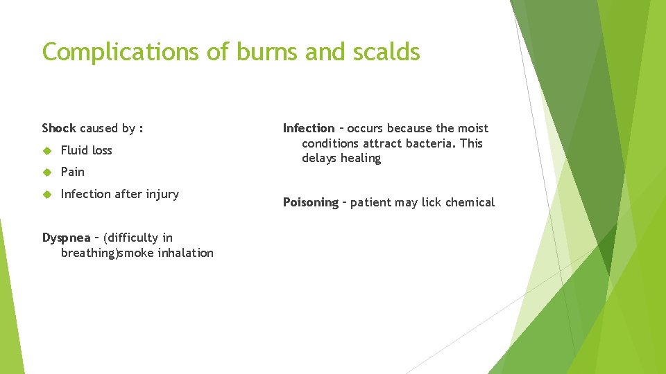 Complications of burns and scalds Shock caused by : Fluid loss Pain Infection after