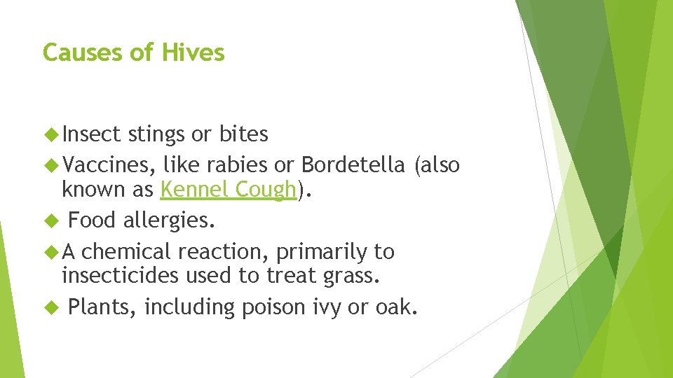Causes of Hives Insect stings or bites Vaccines, like rabies or Bordetella (also known