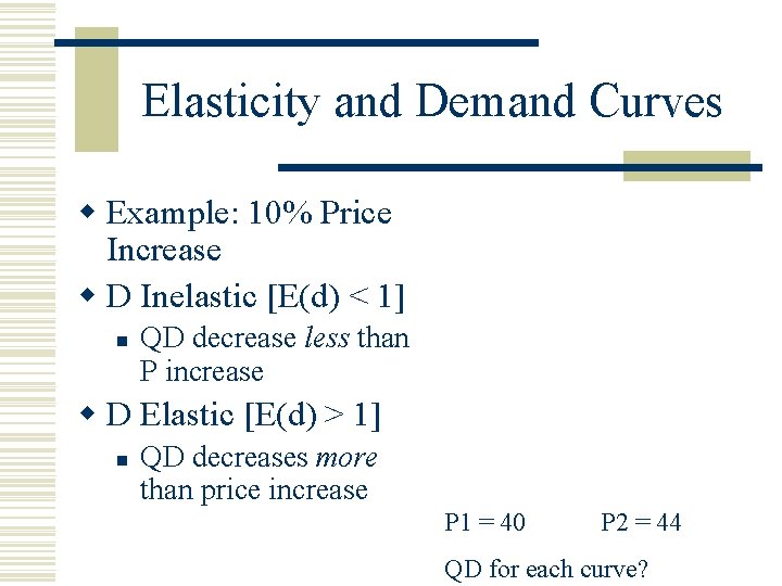 Elasticity and Demand Curves w Example: 10% Price Increase w D Inelastic [E(d) <