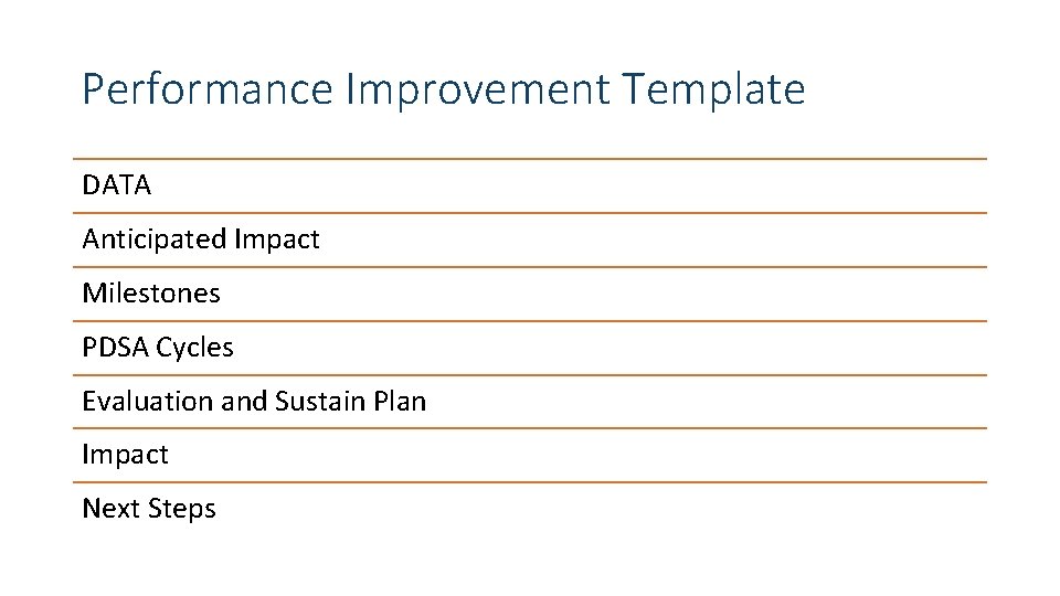 Performance Improvement Template DATA Anticipated Impact Milestones PDSA Cycles Evaluation and Sustain Plan Impact