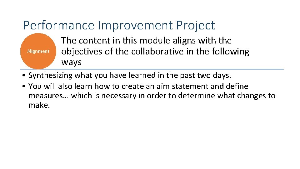 Performance Improvement Project Alignment The content in this module aligns with the objectives of