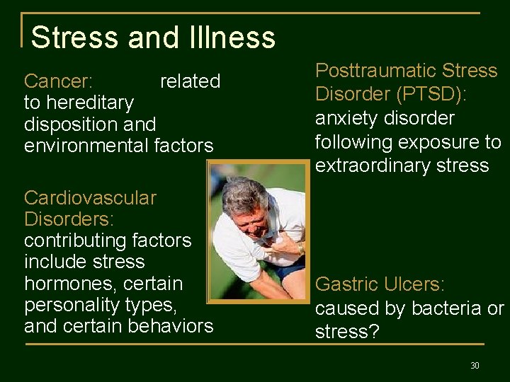 Stress and Illness Cancer: related to hereditary disposition and environmental factors Cardiovascular Disorders: contributing