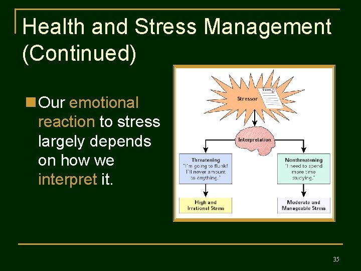 Health and Stress Management (Continued) n Our emotional reaction to stress largely depends on