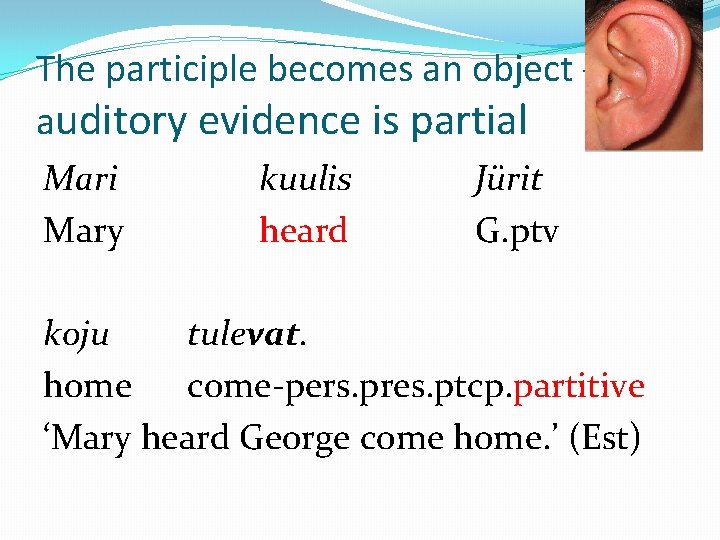 The participle becomes an object auditory evidence is partial Mari Mary kuulis heard Jürit