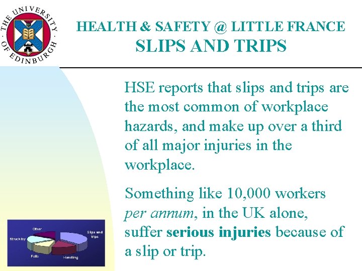 HEALTH & SAFETY @ LITTLE FRANCE SLIPS AND TRIPS HSE reports that slips and