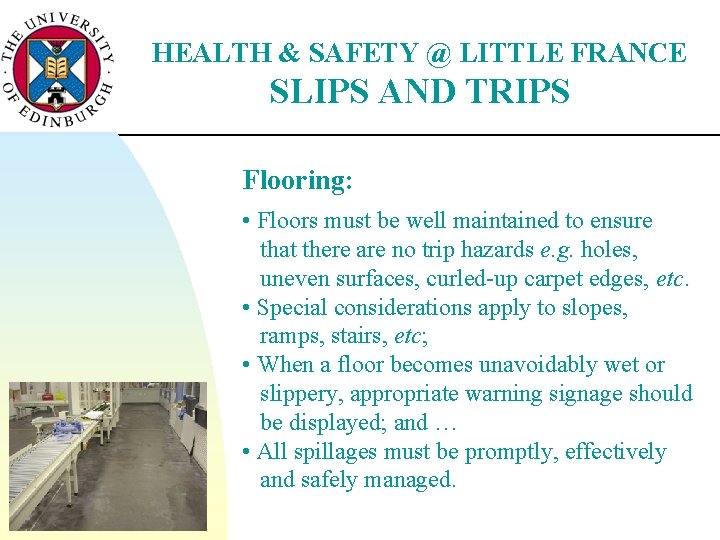 HEALTH & SAFETY @ LITTLE FRANCE SLIPS AND TRIPS Flooring: • Floors must be