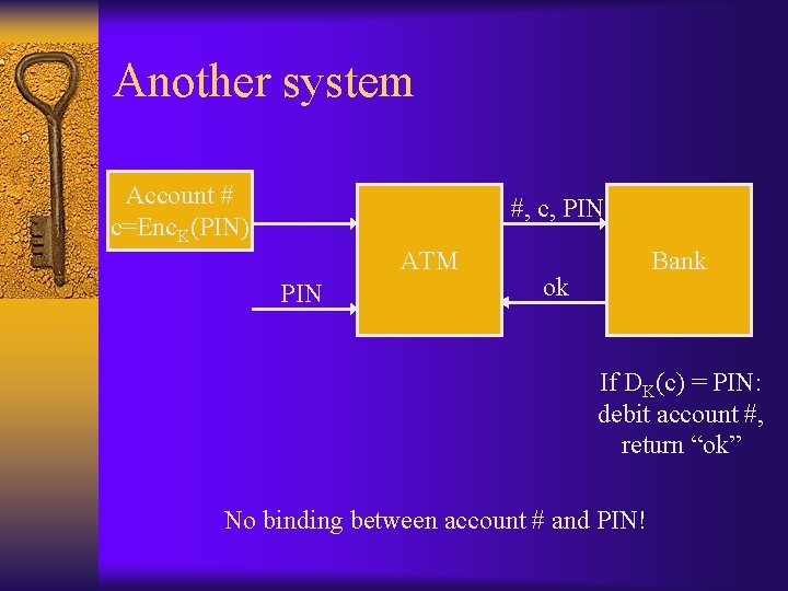 Another system Account # c=Enc. K(PIN) #, c, PIN ATM PIN Bank ok If