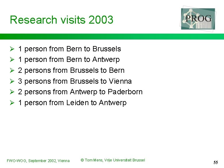 Research visits 2003 Ø 1 person from Bern to Brussels Ø 1 person from