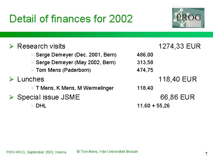 Detail of finances for 2002 Ø Research visits 1274, 33 EUR Ø Serge Demeyer