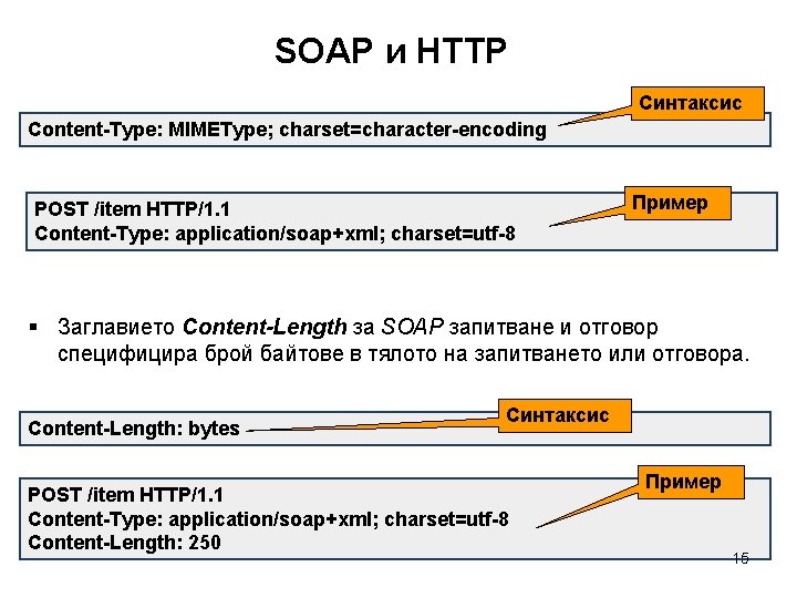 SOAP и HTTP Синтаксис Content-Type: MIMEType; charset=character-encoding POST /item HTTP/1. 1 Content-Type: application/soap+xml; charset=utf-8