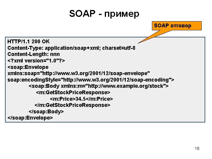 SOAP - пример SOAP отговор HTTP/1. 1 200 OK Content-Type: application/soap+xml; charset=utf-8 Content-Length: nnn