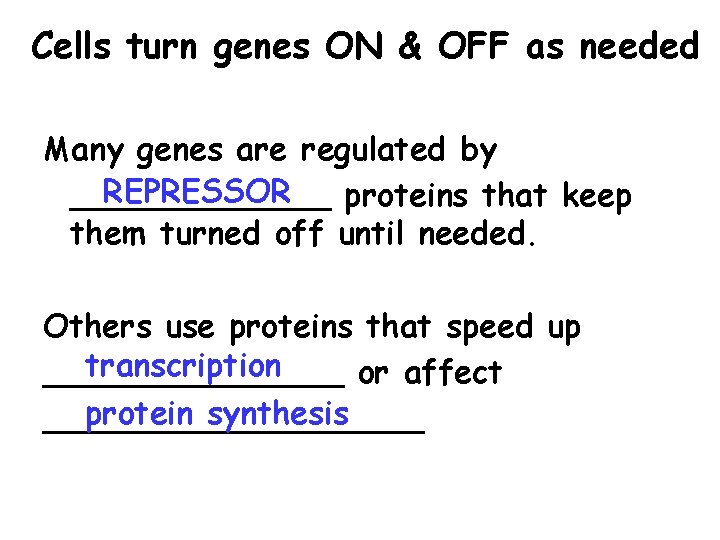 Cells turn genes ON & OFF as needed Many genes are regulated by REPRESSOR