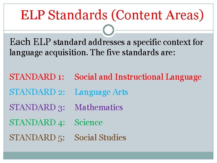 ELP Standards (Content Areas) Each ELP standard addresses a specific context for language acquisition. ELP Standards (Content Areas) Each ELP standard addresses a specific context for language acquisition.