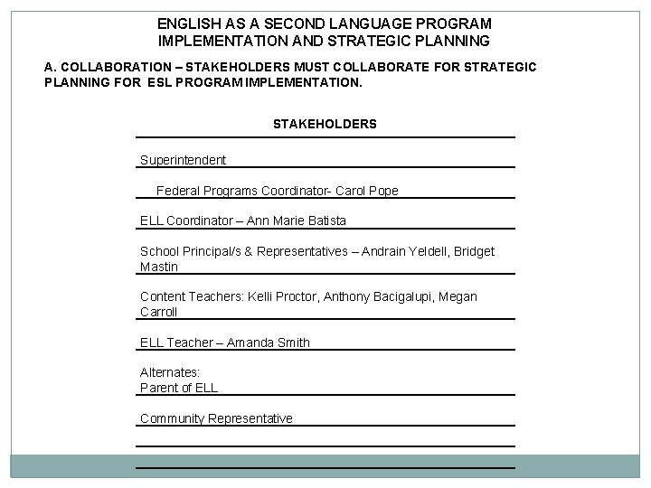 ENGLISH AS A SECOND LANGUAGE PROGRAM IMPLEMENTATION AND STRATEGIC PLANNING A. COLLABORATION – STAKEHOLDERS ENGLISH AS A SECOND LANGUAGE PROGRAM IMPLEMENTATION AND STRATEGIC PLANNING A. COLLABORATION – STAKEHOLDERS