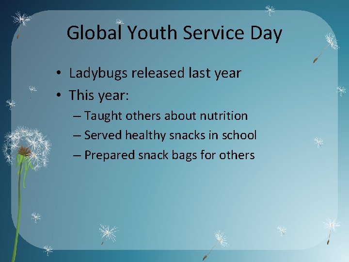 Global Youth Service Day • Ladybugs released last year • This year: – Taught