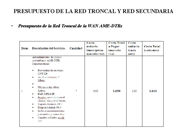 PRESUPUESTO DE LA RED TRONCAL Y RED SECUNDARIA • Presupuesto de la Red Troncal