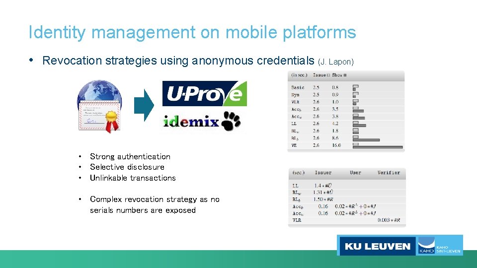 Identity management on mobile platforms • Revocation strategies using anonymous credentials (J. Lapon) •