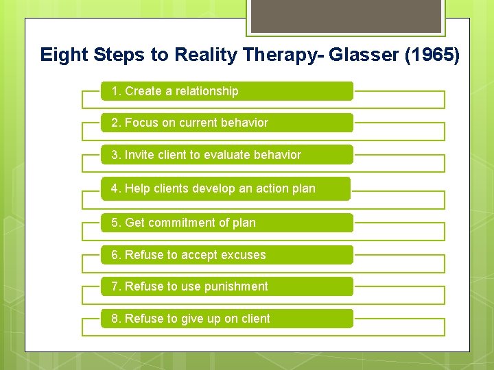 Eight Steps to Reality Therapy- Glasser (1965) 1. Create a relationship 2. Focus on