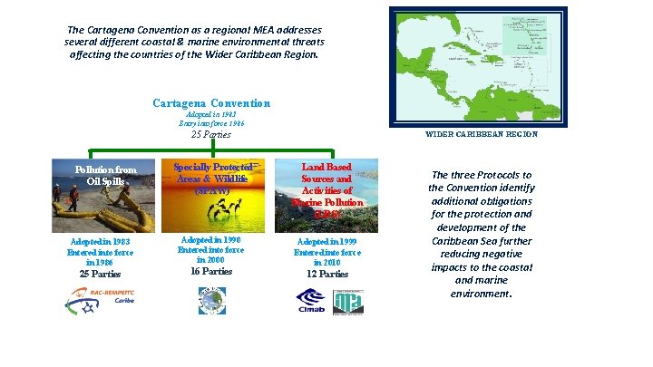 The Cartagena Convention as a regional MEA addresses several different coastal & marine environmental