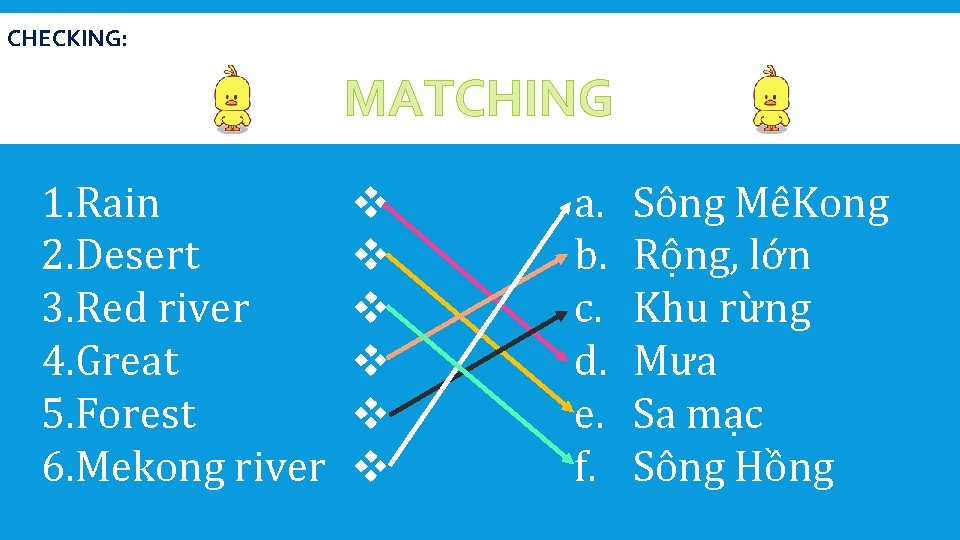 CHECKING: MATCHING 1. Rain 2. Desert 3. Red river 4. Great 5. Forest 6.