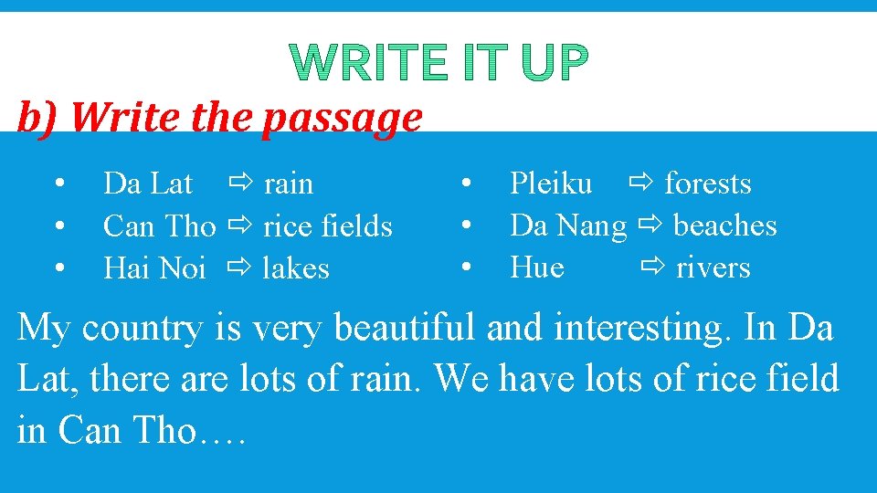 b) Write the passage • • • Da Lat rain Can Tho rice fields