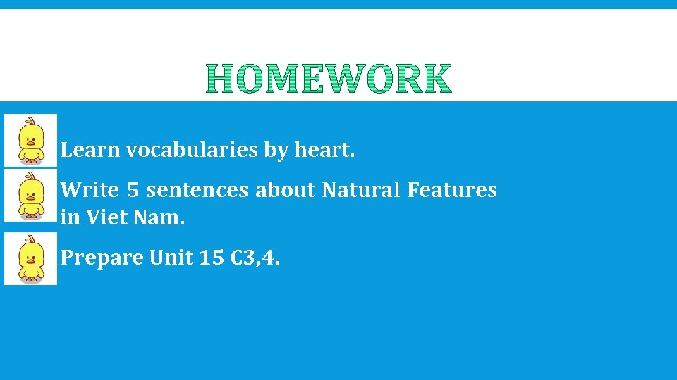 Learn vocabularies by heart. Write 5 sentences about Natural Features in Viet Nam. Prepare