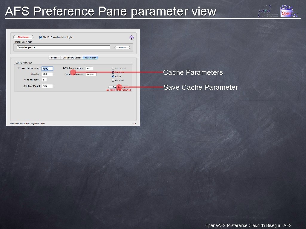 AFS Preference Pane parameter view Cache Parameters Save Cache Parameter Opena. AFS Preference Claudido