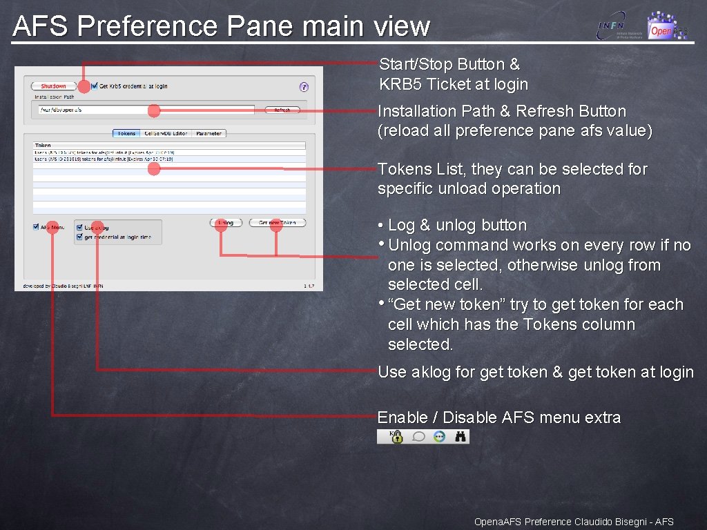 AFS Preference Pane main view Start/Stop Button & KRB 5 Ticket at login Installation