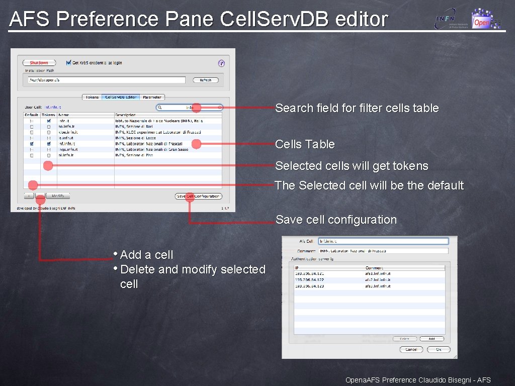 AFS Preference Pane Cell. Serv. DB editor Search field for filter cells table Cells